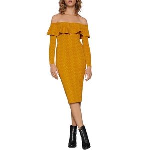 BCBGeneration Off-
the-Shoulder Jacquard Mustard Yellow Long Sleeve Dress C7